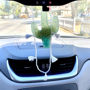 Tassel Necklace | Car Freshie Accessories | Clear White Beads & White Tassels