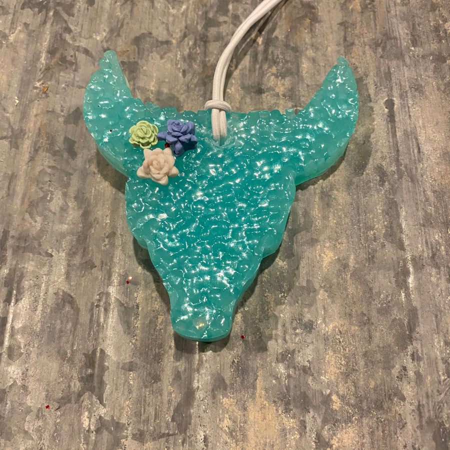 Cow Skull Car Freshie | Teal With Succulent Arrangement | Buffalo Plaid Scent