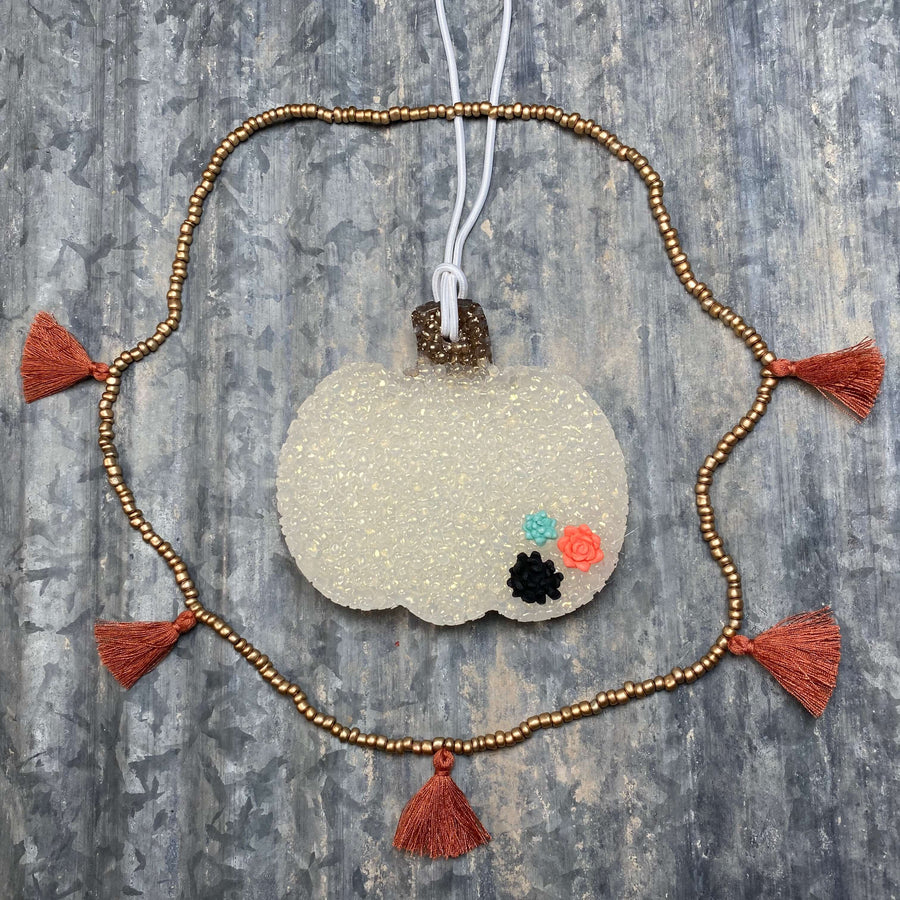 Pumpkin Car Freshie | White Gold With Succulents & Tassel Necklace | Mamas Kitchen Scent