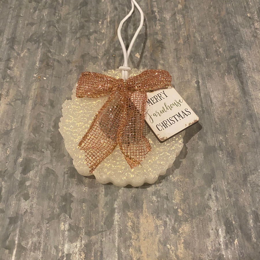 Christmas Wreath Car Freshie | White Gold With Rose Gold Bow & Christmas Message | Wassail Scent