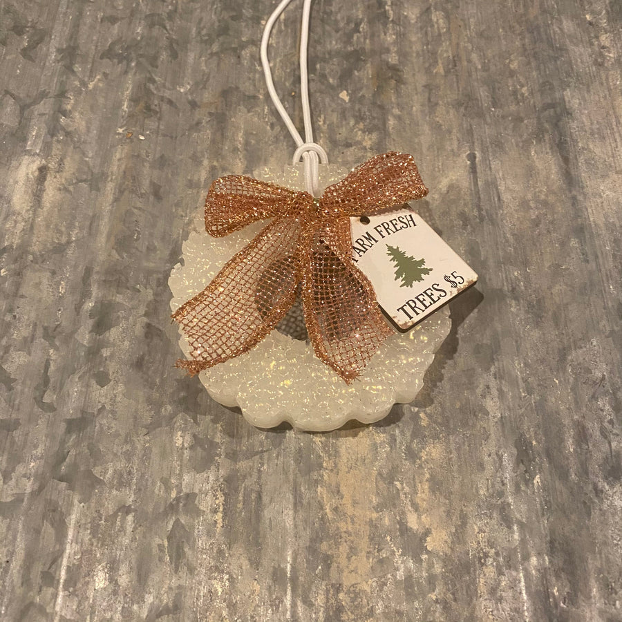 Christmas Wreath Car Freshie | White Gold With Rose Gold Bow & Christmas Message | Wassail Scent