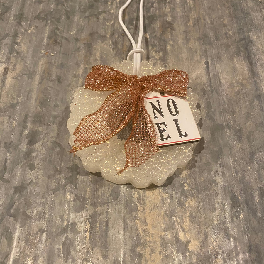 Christmas Wreath Car Freshie | White Gold With Rose Gold Bow & Christmas Message | Wassail Scent