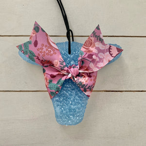 Cow Head Car Freshie | Blue With Summer Floral Ribbon | Cactus Blossom Scent