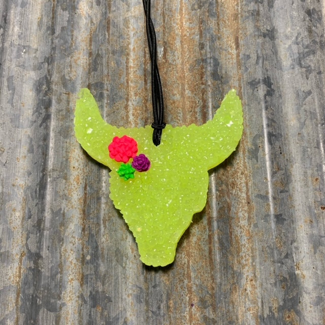 Cow Skull Car Freshie | Yellow With Colored Succulents | Sugared Lemon Scent