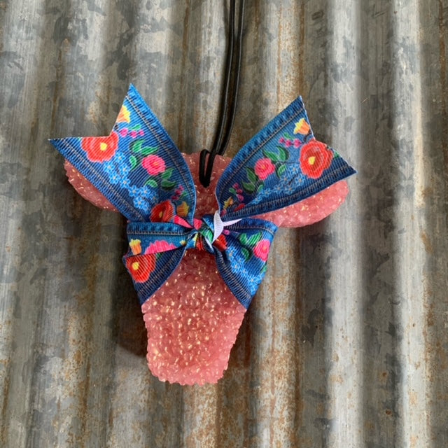 Cow Head Car Freshie | Rose Gold With Denim Ribbon | Watermelon Lemonade Scent