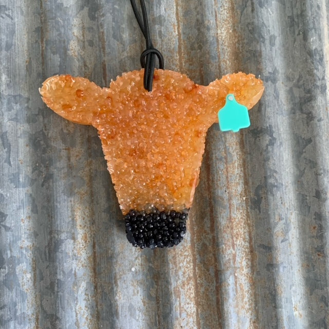 Cow Head Car Freshie | Tan & Orange With Teal Ear Tag | Mahogany Teakwood Scent
