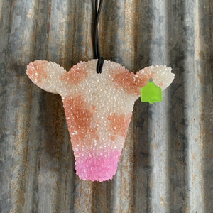 Cow Head Car Freshie | Tan Spotted Cow With Lime Ear Tag | Mahogany Teakwood Scent
