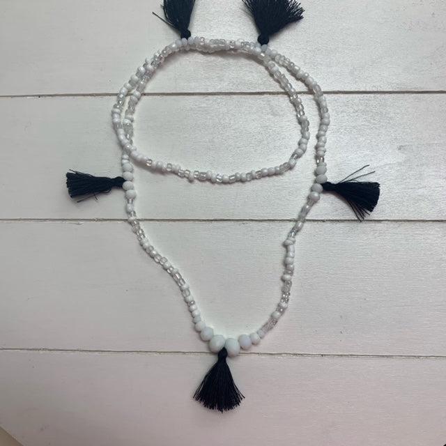 Tassel Necklace | Car Freshie Accessories | White Beads, Black Tassels