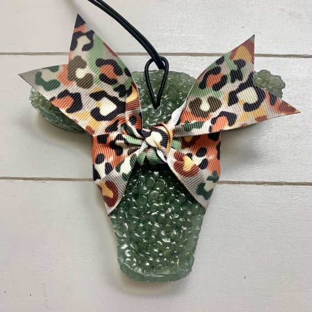 Cowhead With Fall Leopard Ribbon | Dark Green Gold Shimmer | Strawberry Daiquiri Scent