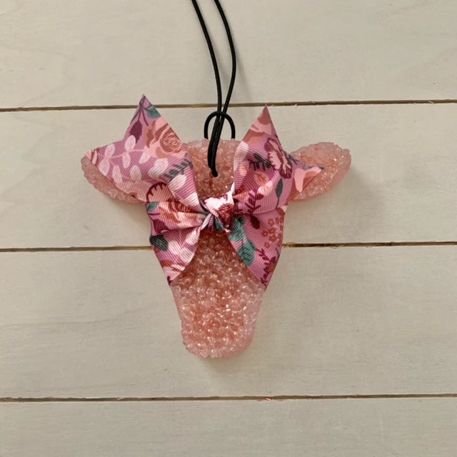 Cow Head Car Freshie | Rose Gold With Floral Bow | Volcano Scent