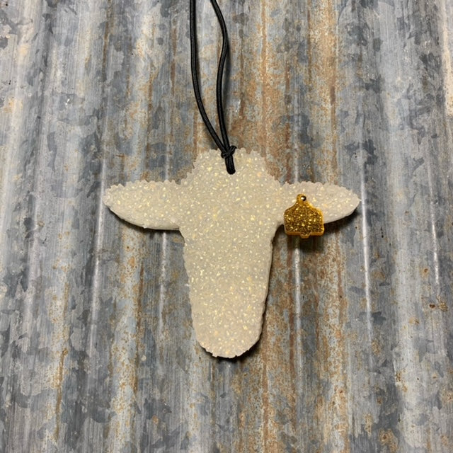 Cow Head Car Freshie | White Gold With Gold Ear Tag | Tropical Cowboy Scent