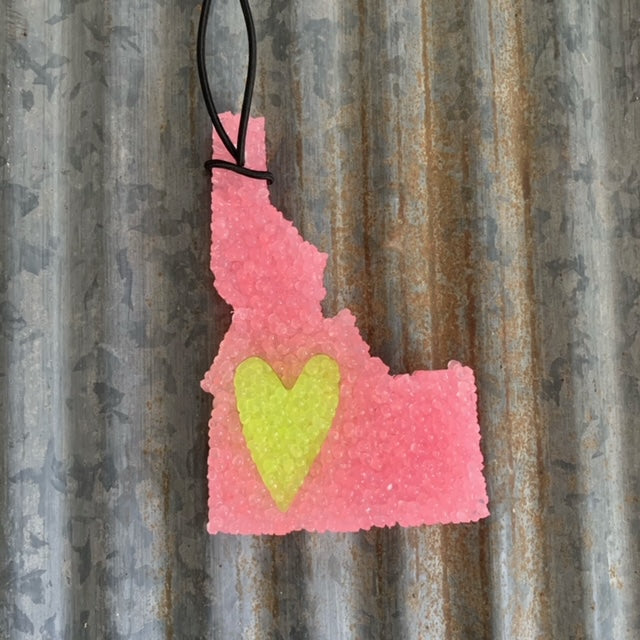 Large Idaho Car Freshie | Pink Peach With Yellow Heart | Peachy O Scent