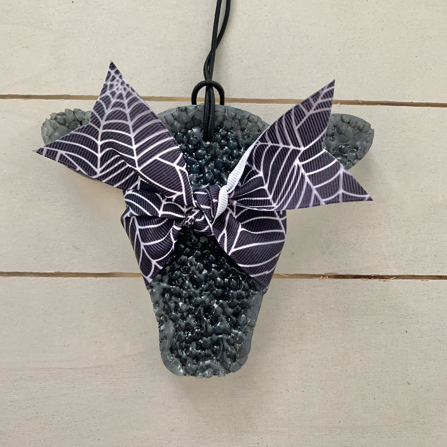 Cow Head Car Freshie | Black With Spider Web Ribbon | Buffalo Plaid Scent