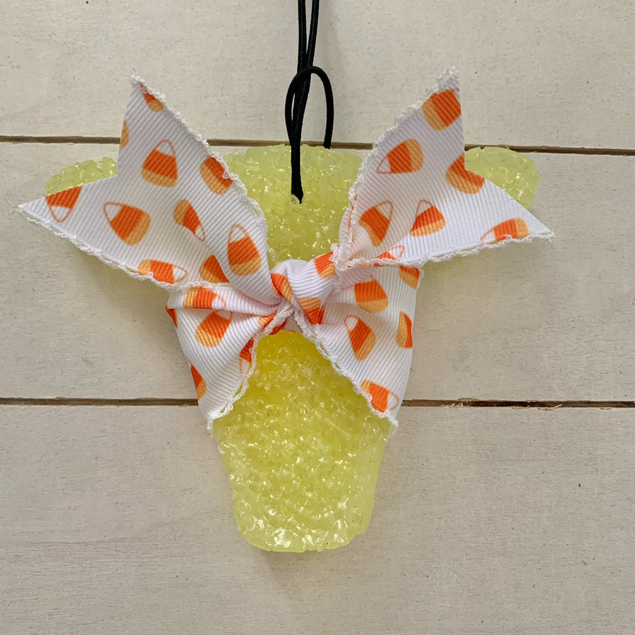 Cow Head Car Freshie | Yellow With Candy Corn Ribbon | Volcano Scent